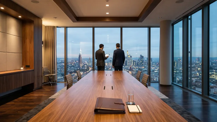 Zwei Führungskräfte stehen im Konferenzraum am Fenster und blicken auf die abendliche Skyline einer deutschen Großstadt
