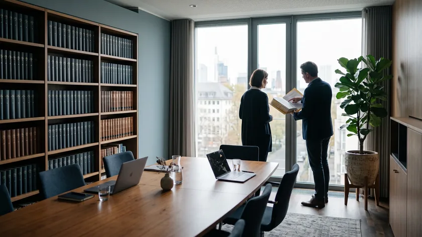 Anwältin und Unternehmer besprechen am Fenster eines Besprechungsraums einen Aktenordner, im Hintergrund Bücherregale