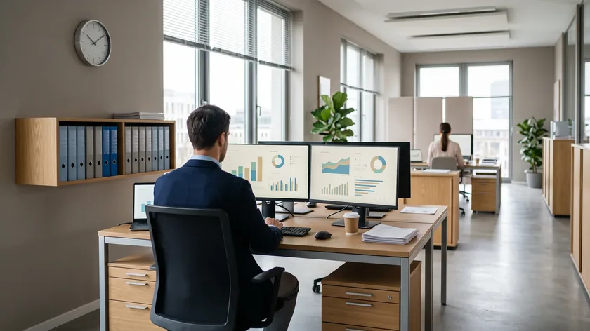 Steuerberater arbeitet in einer hellen Kanzlei an einem Schreibtisch mit zwei Monitoren, an der Wand Ordner und eine Uhr