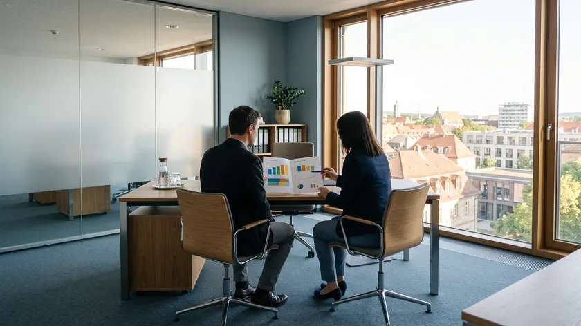 Steuerberater und Mandantin sehen am Fenster einer Kanzlei eine Jahresübersicht durch