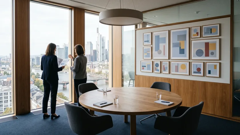 Zwei Beraterinnen besprechen eine Analyse im Besprechungsraum mit Blick auf eine deutsche Stadtsilhouette